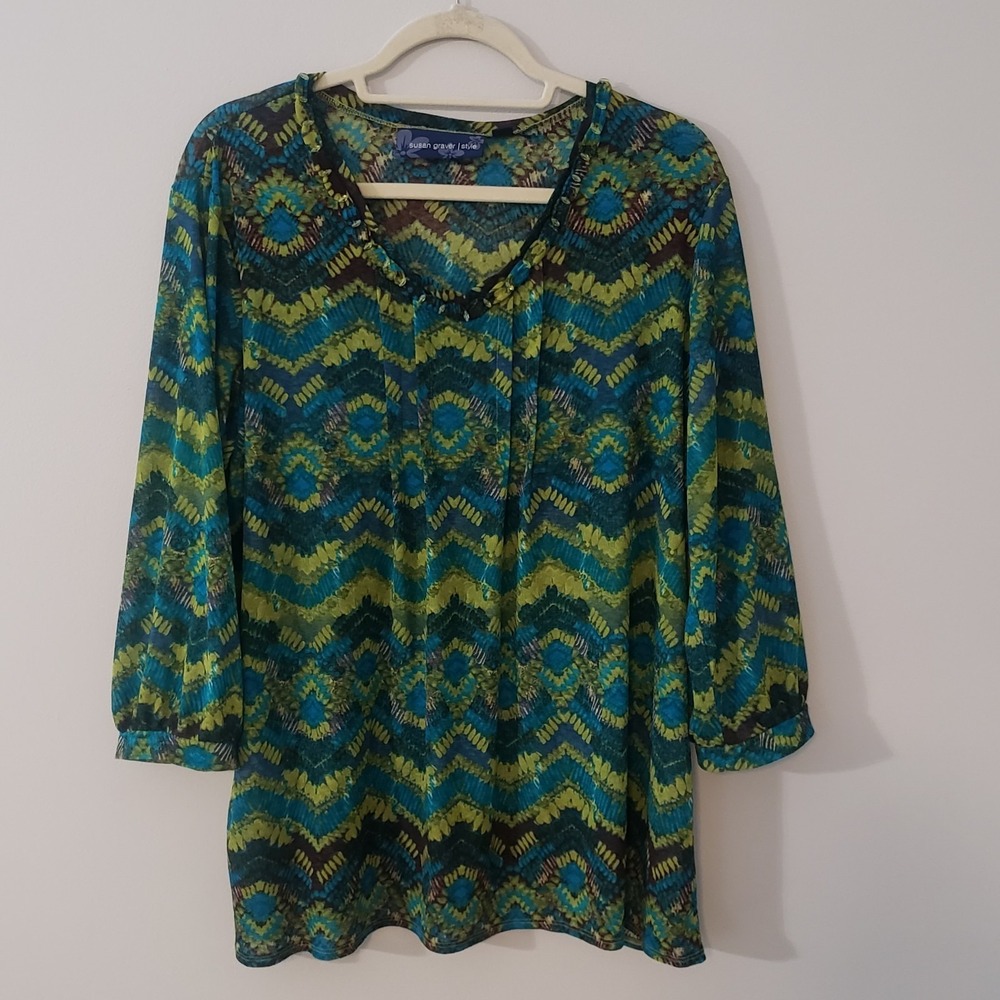 Susan Graver Style Womens Beaded Tunic Top XL Sheer Airy  Peacock Boho V-Neck